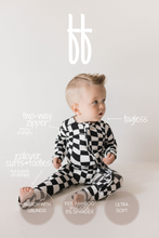 Load image into Gallery viewer, Bamboo Zip Pajamas | Black &amp; White Wavy Checkerboard