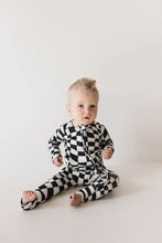 Load image into Gallery viewer, Bamboo Zip Pajamas | Black &amp; White Wavy Checkerboard