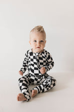 Load image into Gallery viewer, Bamboo Zip Pajamas | Black &amp; White Wavy Checkerboard