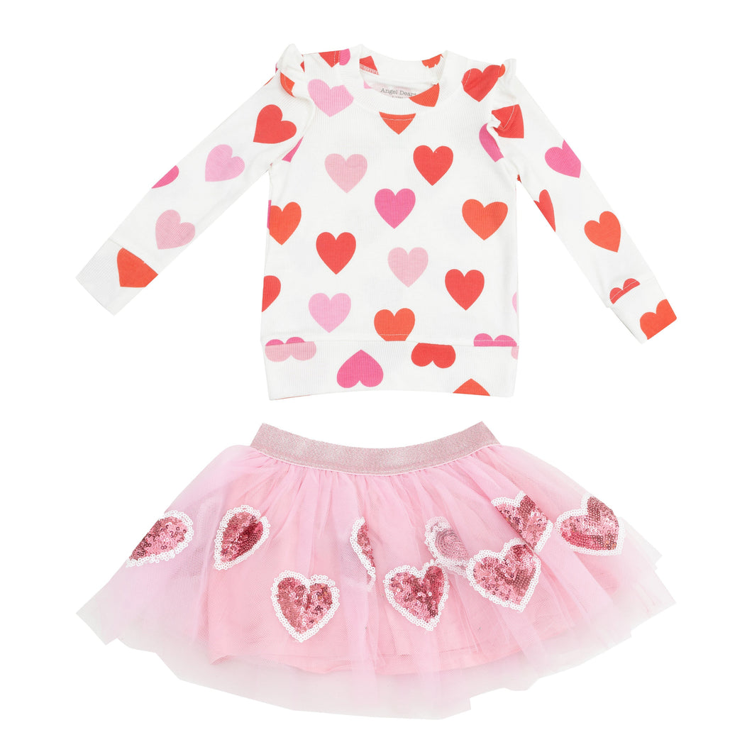 Ruffle Shoulder Top & Tutu Skirt Set - Big Hearts