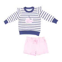 Load image into Gallery viewer, Ruffle Sleeve Sweatshirt with Chenille Patch and Paperbag Shorts Bubbly Whale Pink