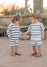 Load image into Gallery viewer, Sage + Navy Stripe Knit Short Set