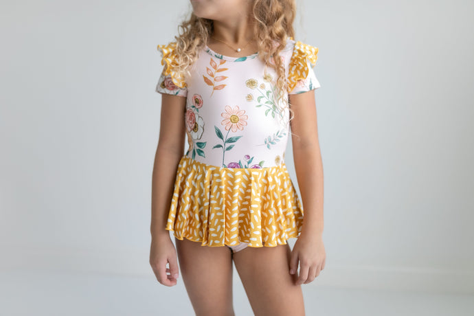 Mustard Dot Floral Skirted Leotard