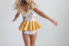 Load image into Gallery viewer, Mustard Dot Floral Skirted Leotard