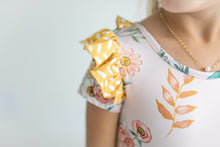 Load image into Gallery viewer, Mustard Dot Floral Skirted Leotard