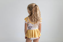 Load image into Gallery viewer, Mustard Dot Floral Skirted Leotard