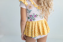 Load image into Gallery viewer, Mustard Dot Floral Skirted Leotard