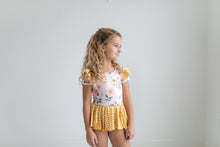 Load image into Gallery viewer, Mustard Dot Floral Skirted Leotard