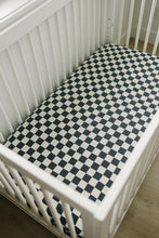Load image into Gallery viewer, Charcoal Checkered Muslin Crib Sheet