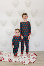 Load image into Gallery viewer, Navy + Red Hearts Ribbed Bamboo Cozy Set