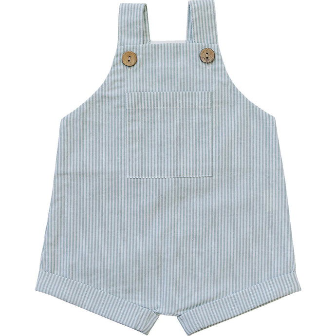 Green Stripe Short Linen Overalls