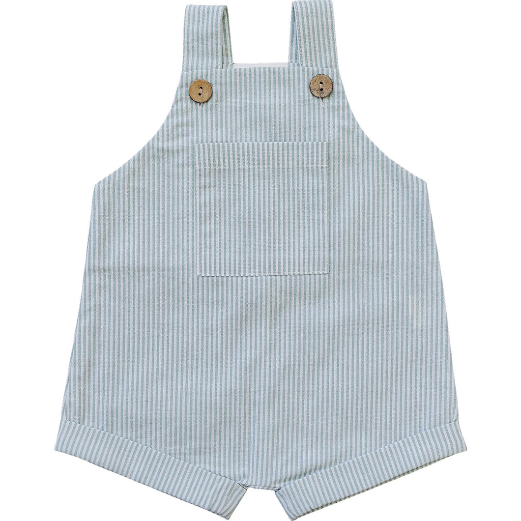 Green Stripe Short Linen Overalls