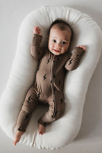 Load image into Gallery viewer, Bamboo Zip Pajamas | Brown &amp; Black Lightning Bolt